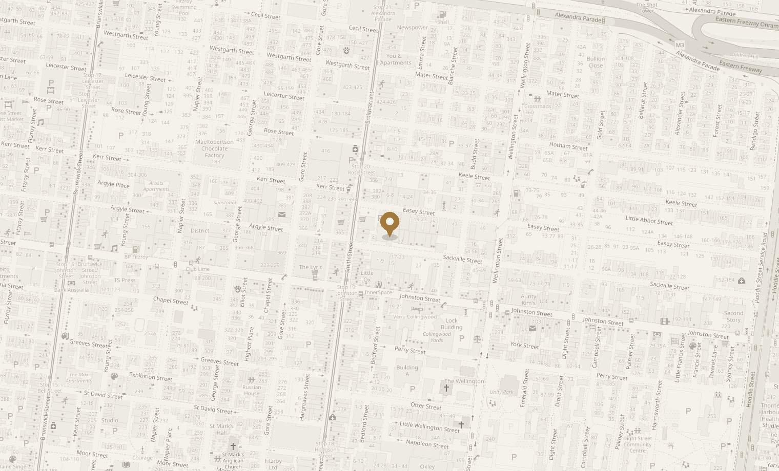 Map showing Alex Earl lighting studio at 14-16 Sackville Street, Collingwood, Melbourne
